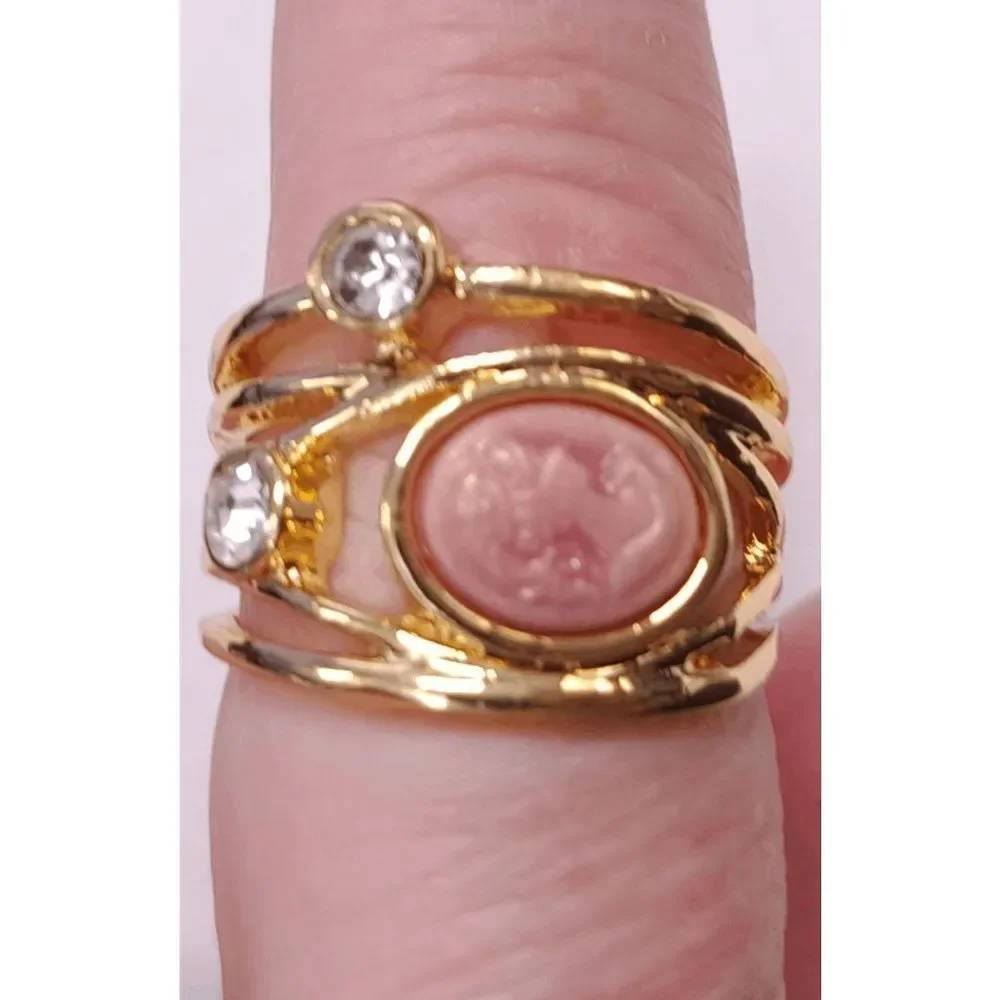 Gold Tone Cameo Rhinestones Ring Womens Plus Size 9 Pink Oval Lady Maiden New
